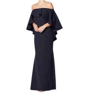 VINCE CAMUTO Off The Shoulder Flounce Cape Effect Trumpet
Gown, Navy, Size 4